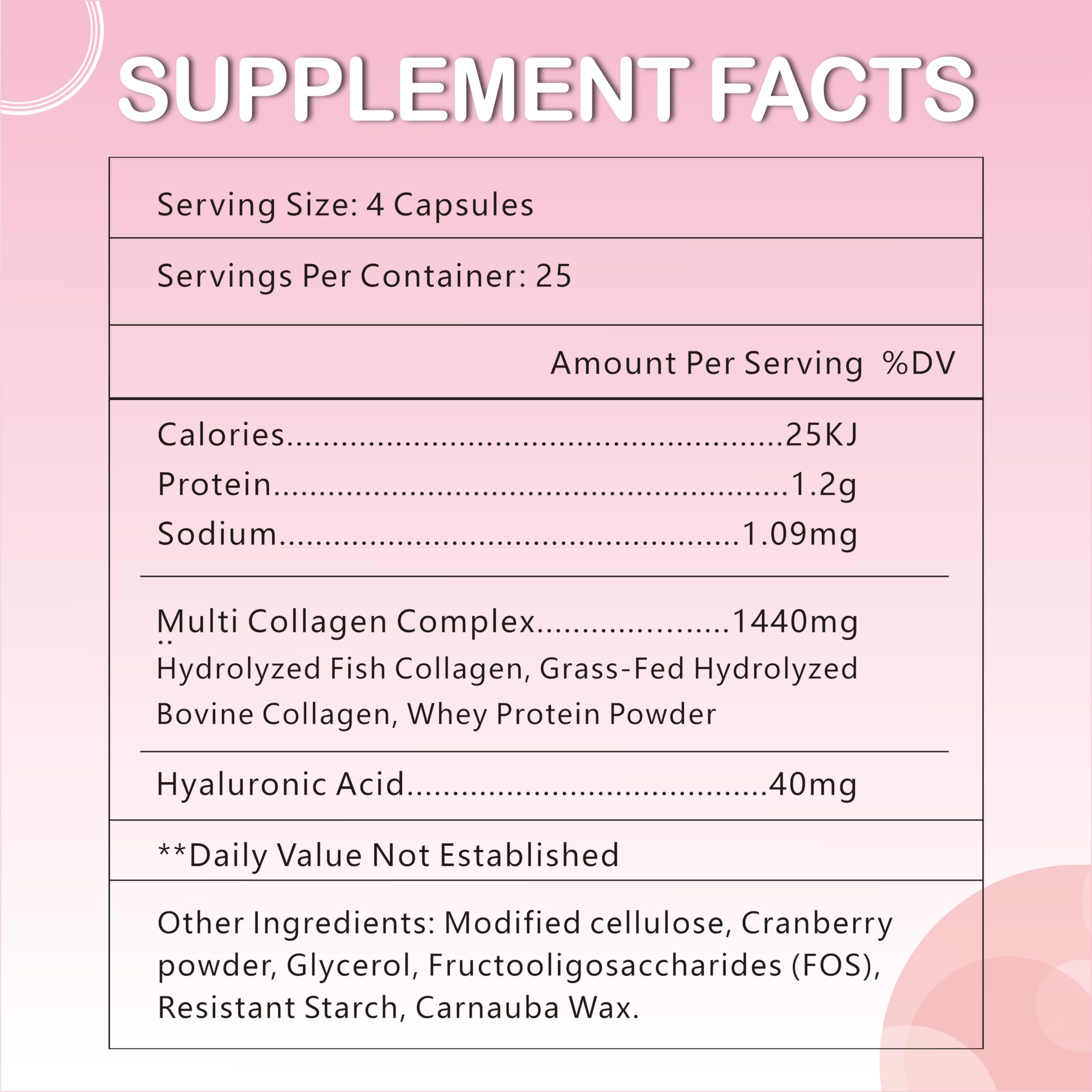 Hydrolyzed collagen capsules with prebiotic and cranberry extract label