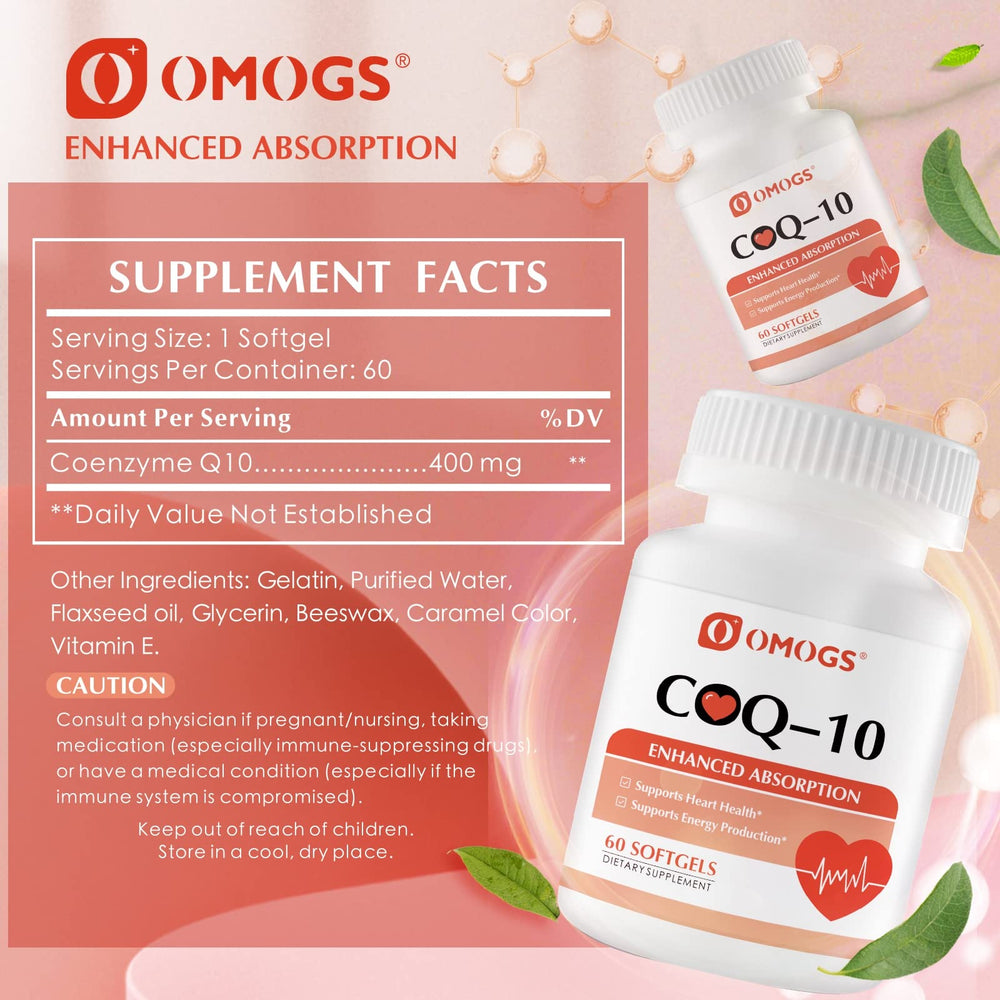Packshot showing OMOGS CoQ10 400mg Softgels bottle