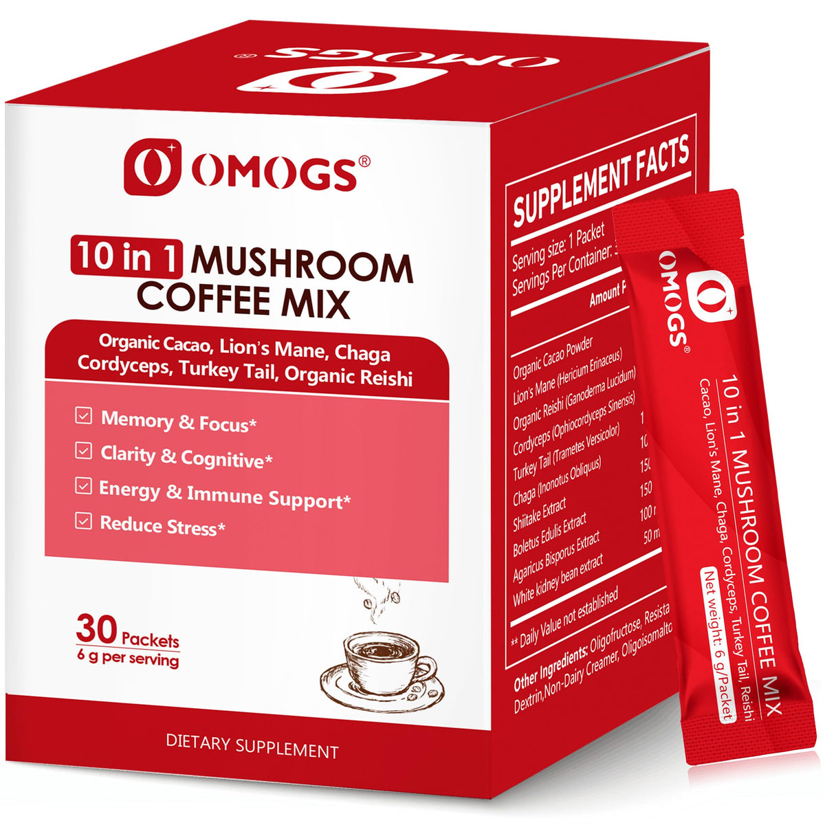 OMOGS Mushroom Coffee hero image showing 10-in-1 extract blend