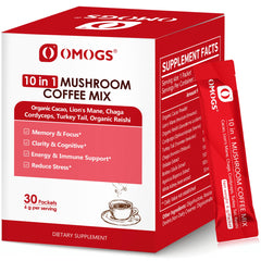 OMOGS Mushroom Coffee hero image showing 10-in-1 extract blend