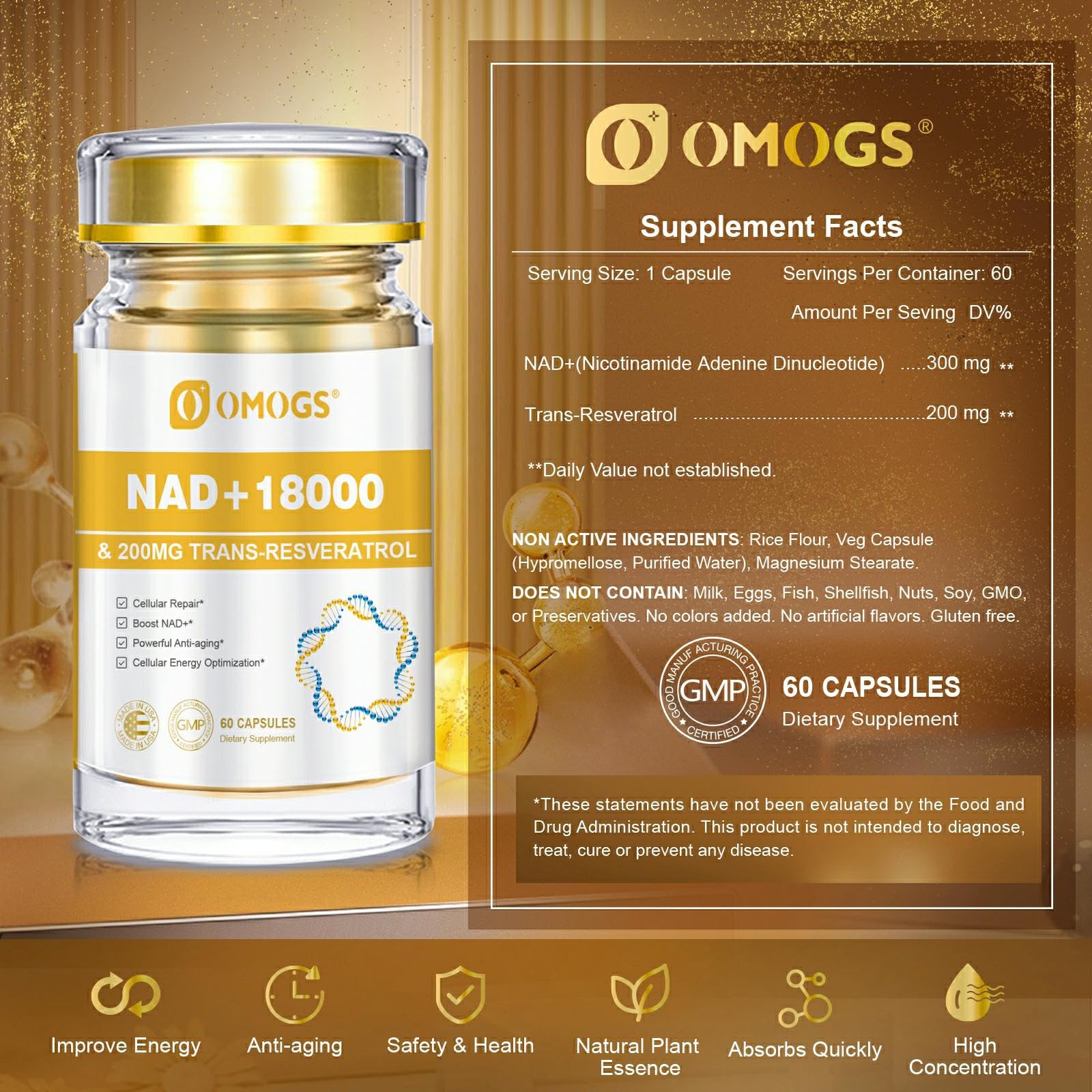 Close-up of OMOGS NAD+ and Trans-Resveratrol supplement capsules