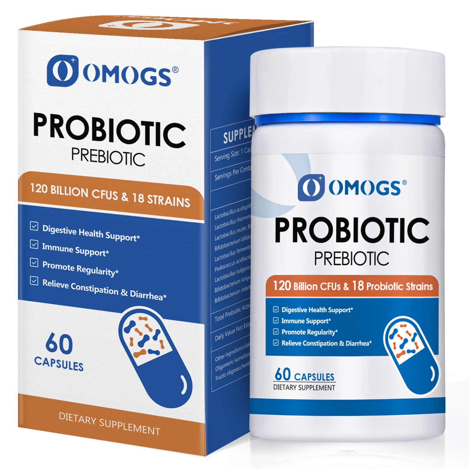 OMOGS Probiotics bottle label with 120B CFUs and 18 strains