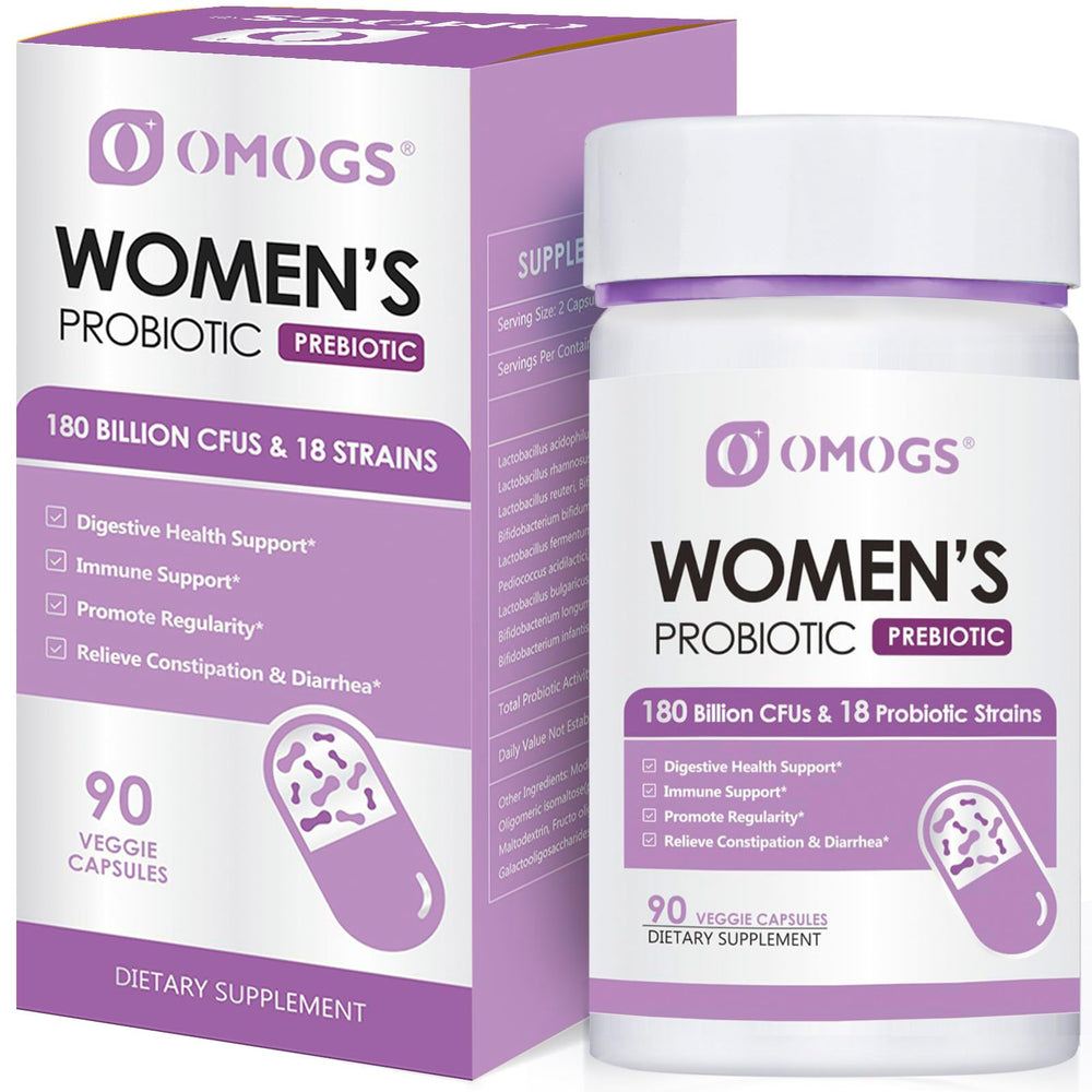 OMOGS Women's Probiotic bottle with label showing 180B CFUs and 18 strains