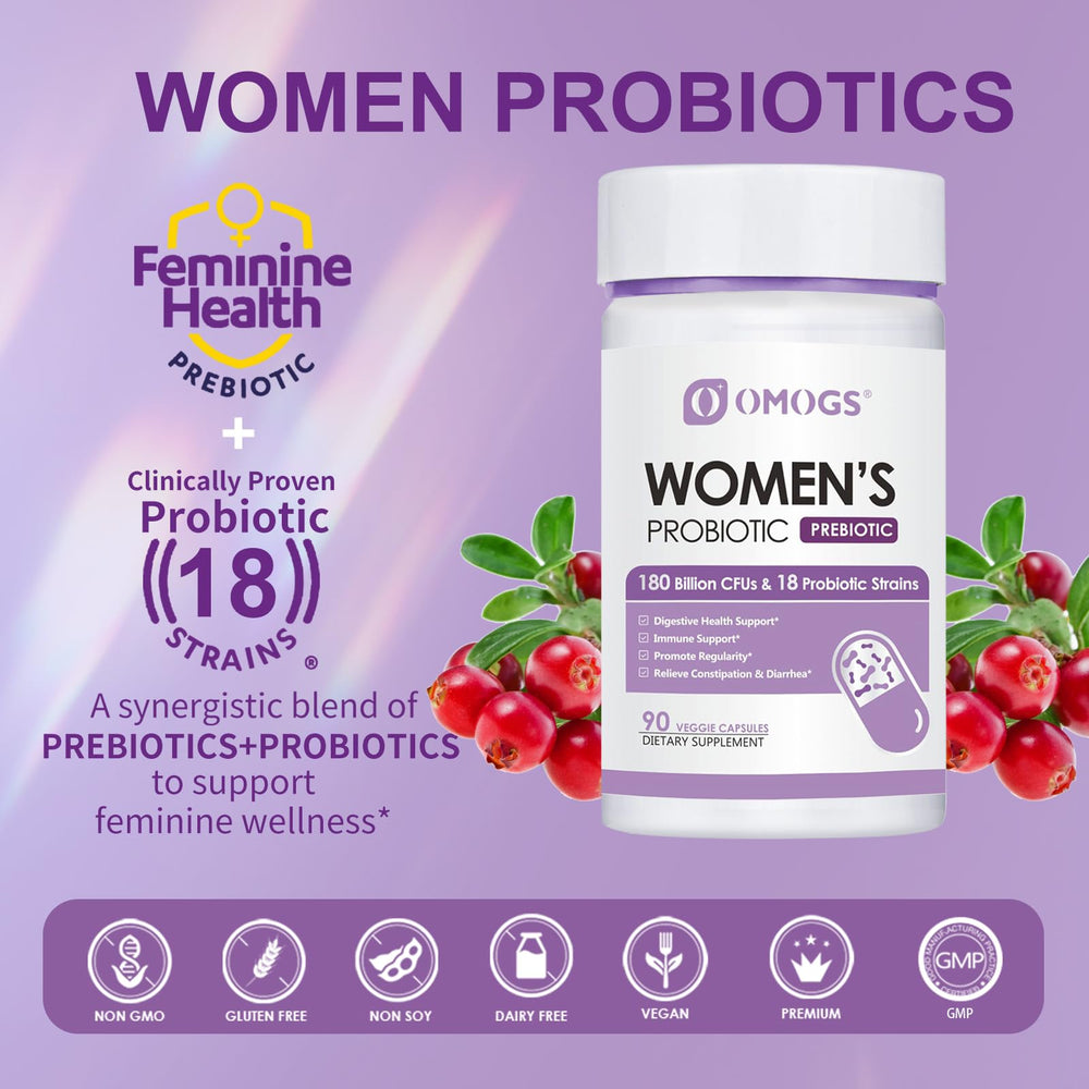Lifestyle image of a healthy woman with OMOGS probiotic bottle