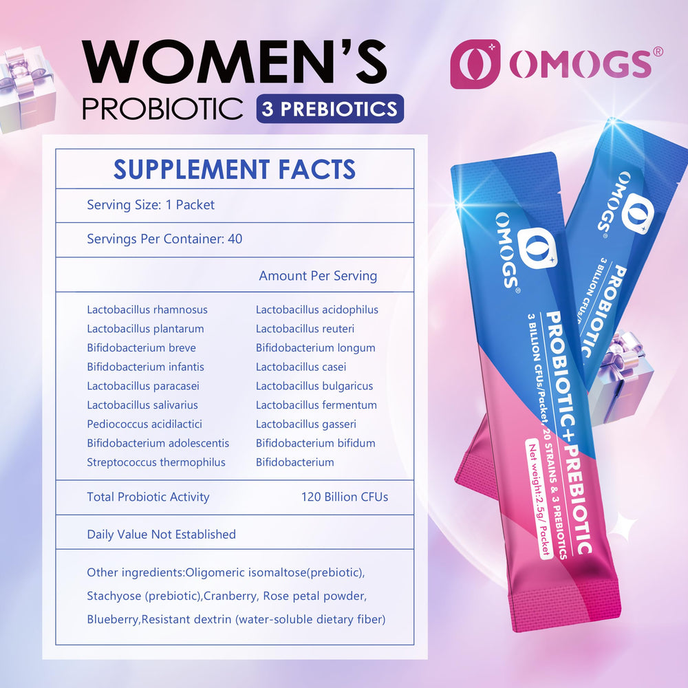 Close-up of OMOGS probiotic powder sachet
