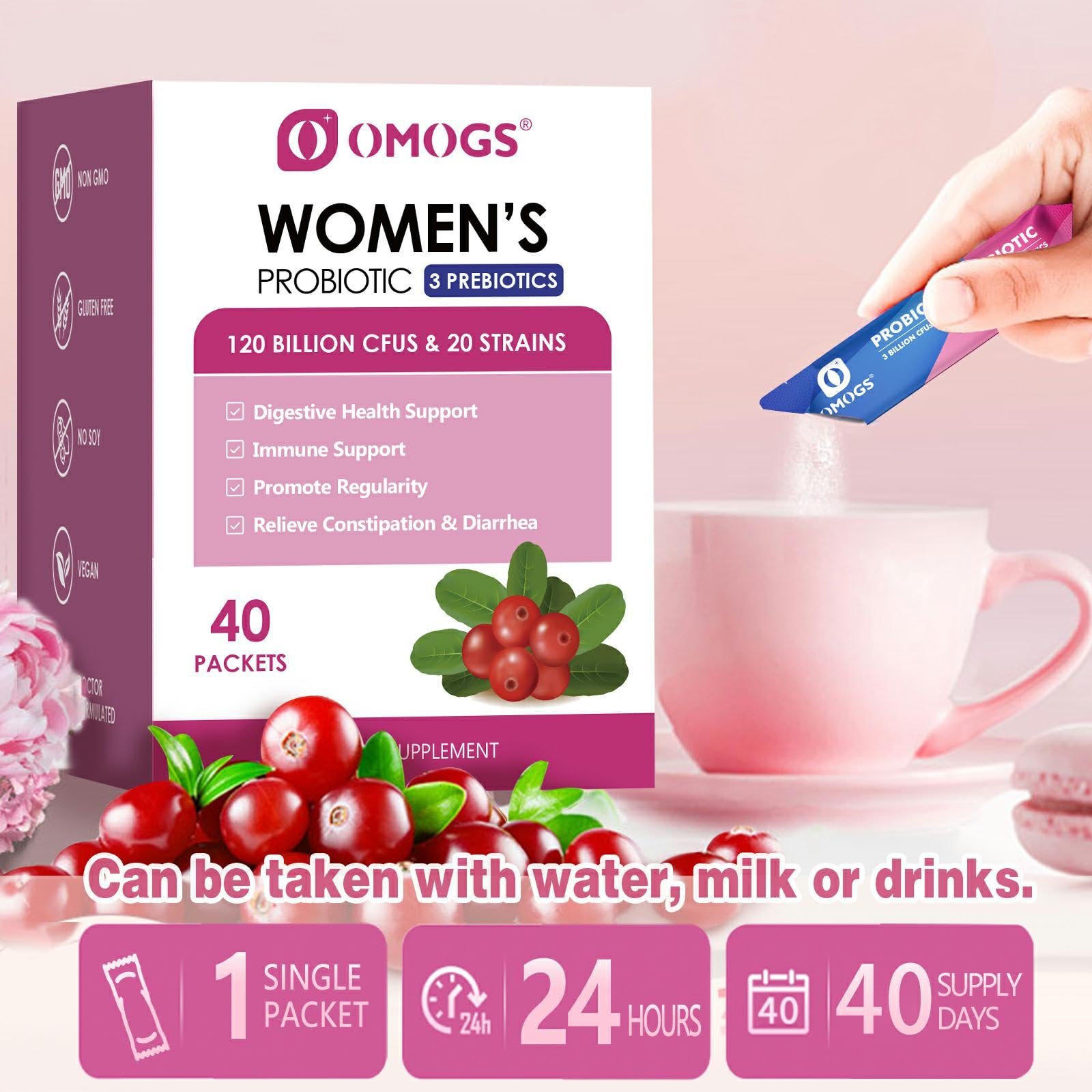 Probiotic powder being added to yogurt, juice or smoothies