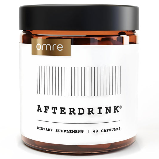 omre AfterDrink Restore Pills bottle featuring Milk Thistle and herbs