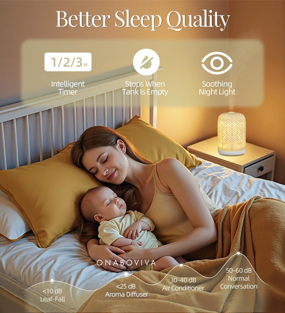 Whisper-quiet mist with warm ambient lighting in bedroom