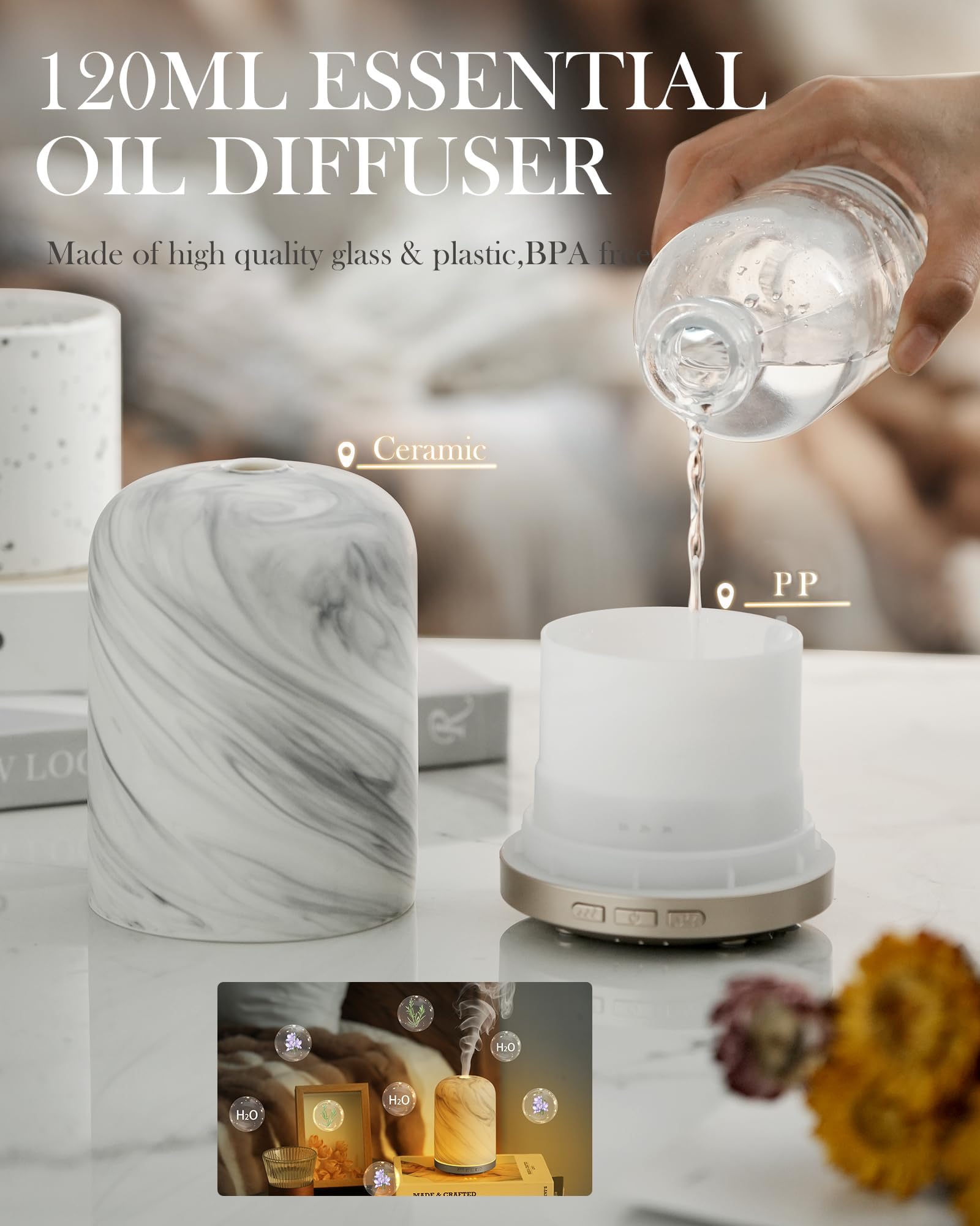 Diffuser placed on a desk in a cozy home office or spa