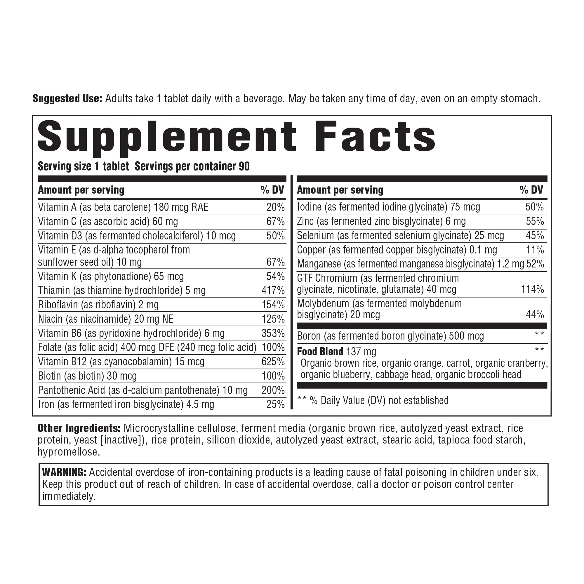 Close-up of bottle label highlighting herb-free formula and 90 tablets
