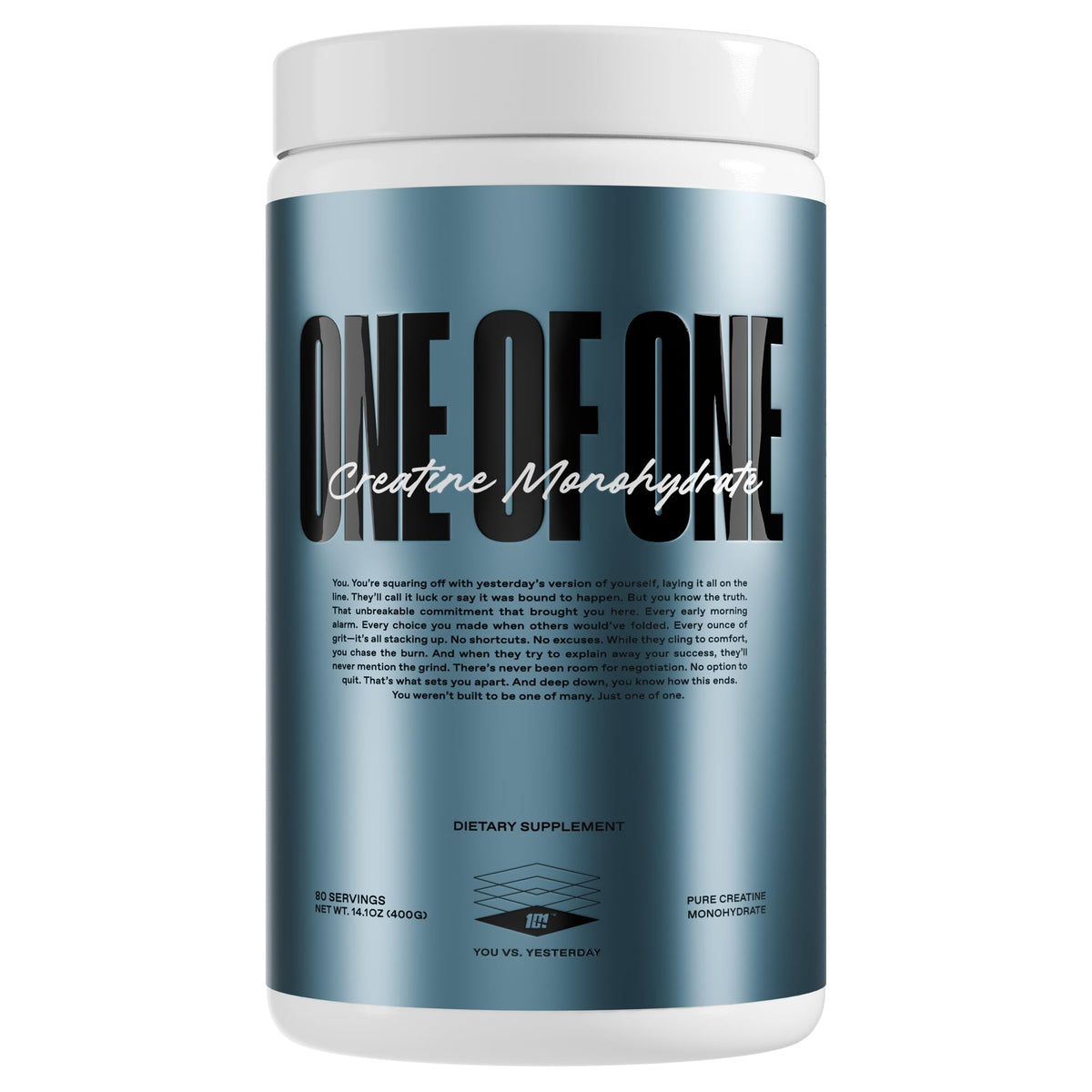 Front label of ONE OF ONE Creatine Monohydrate Powder tub