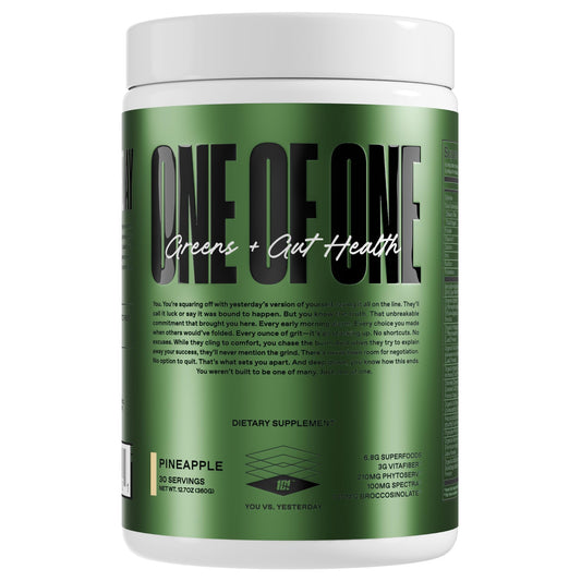 Front view of ONE OF ONE Greens & Gut Health pineapple flavor tub