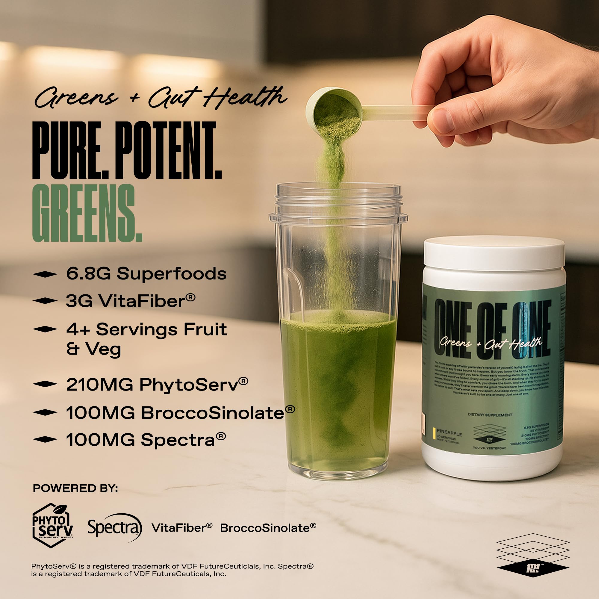 Serving scoop of Pineapple Greens powder