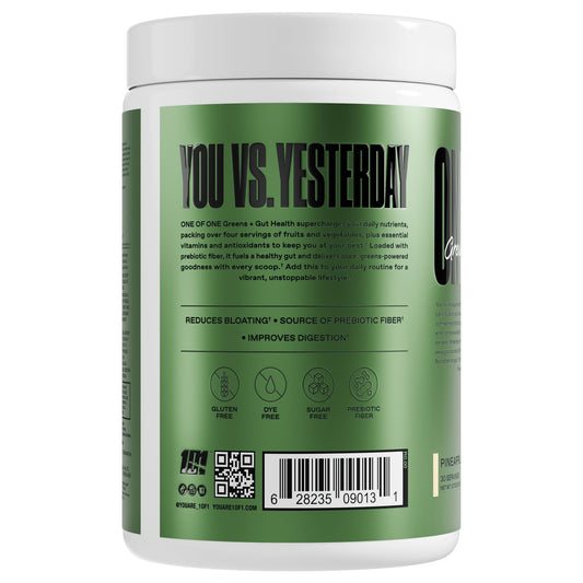 Packaging of ONE OF ONE Greens & Gut Health pineapple tub