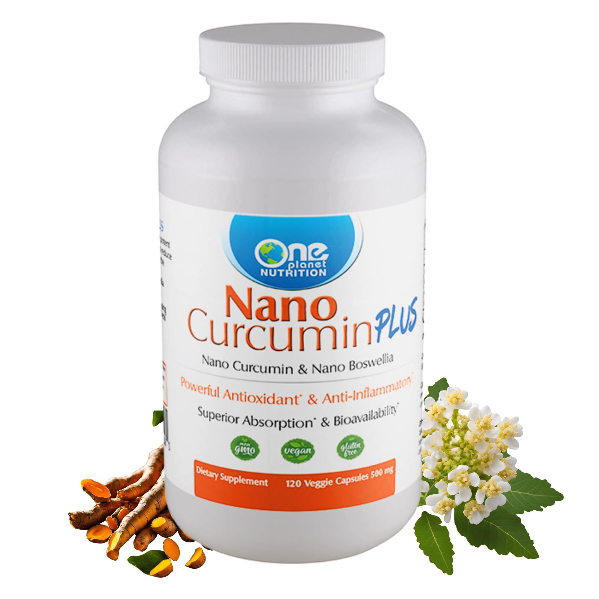 Bottle of One Planet Nutrition Nano Curcumin Plus 500 mg Veggie Capsules (240 servings)