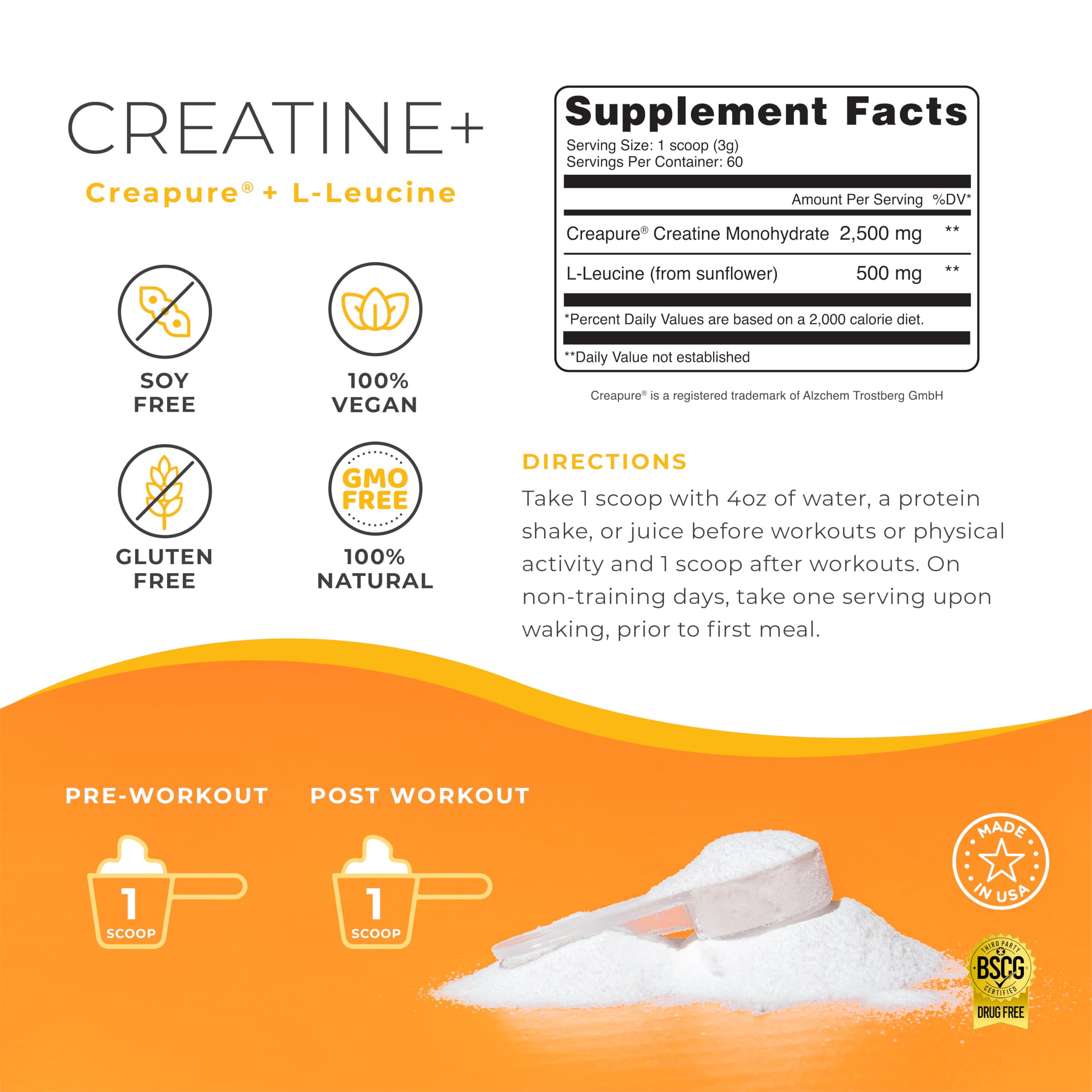 Creapure and leucine label on One Sol Creatine for Women