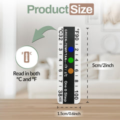 Close-up of adhesive temperature strip displaying 90–100°F / 32–38°C