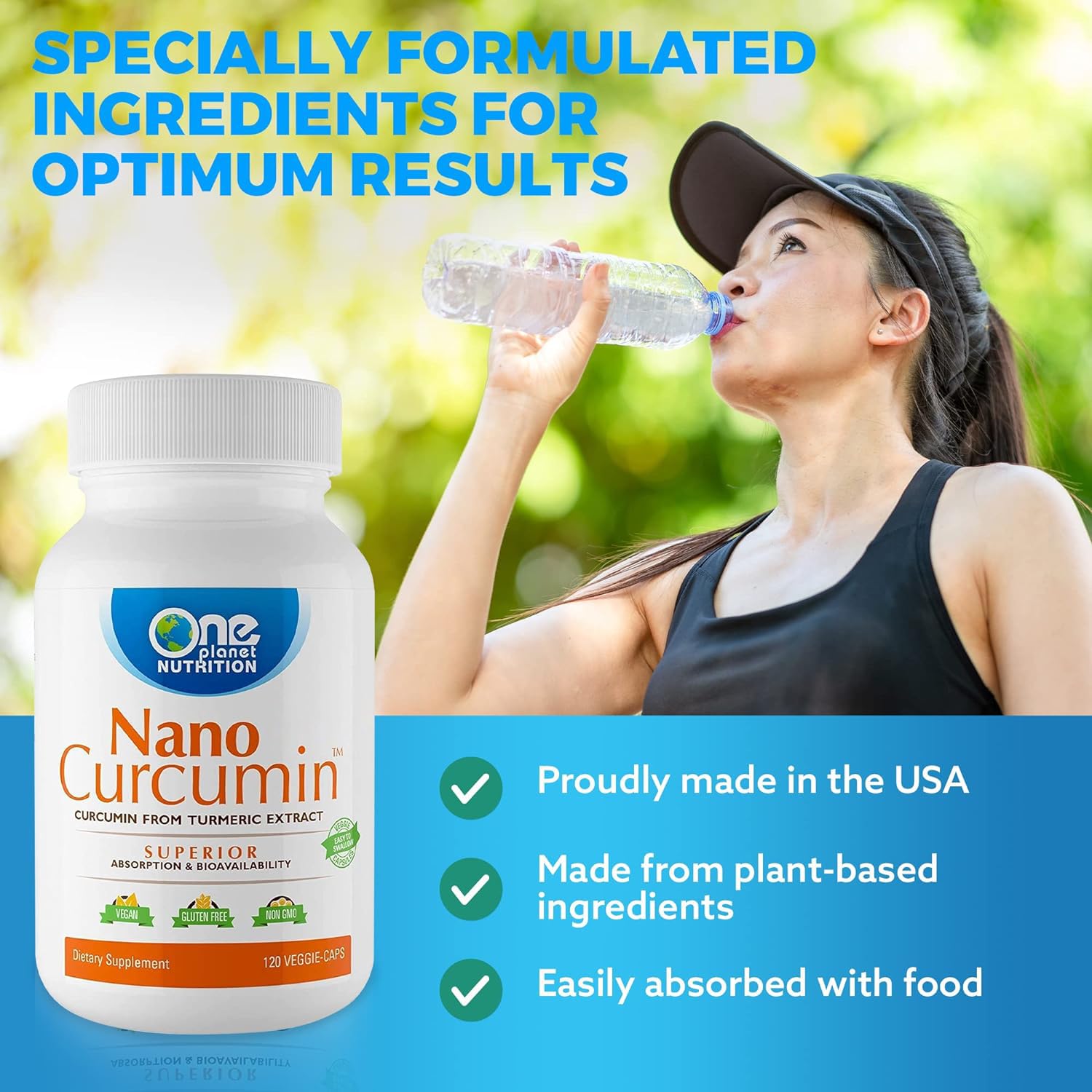 Product packaging with One Planet Nutrition logo and quality badges