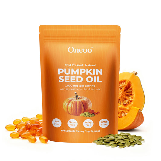 Oneoo pumpkin seed oil and saw palmetto softgel bottle close-up