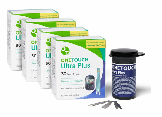 OneTouch Ultra Plus Flex box front highlighting 120-count strips for value