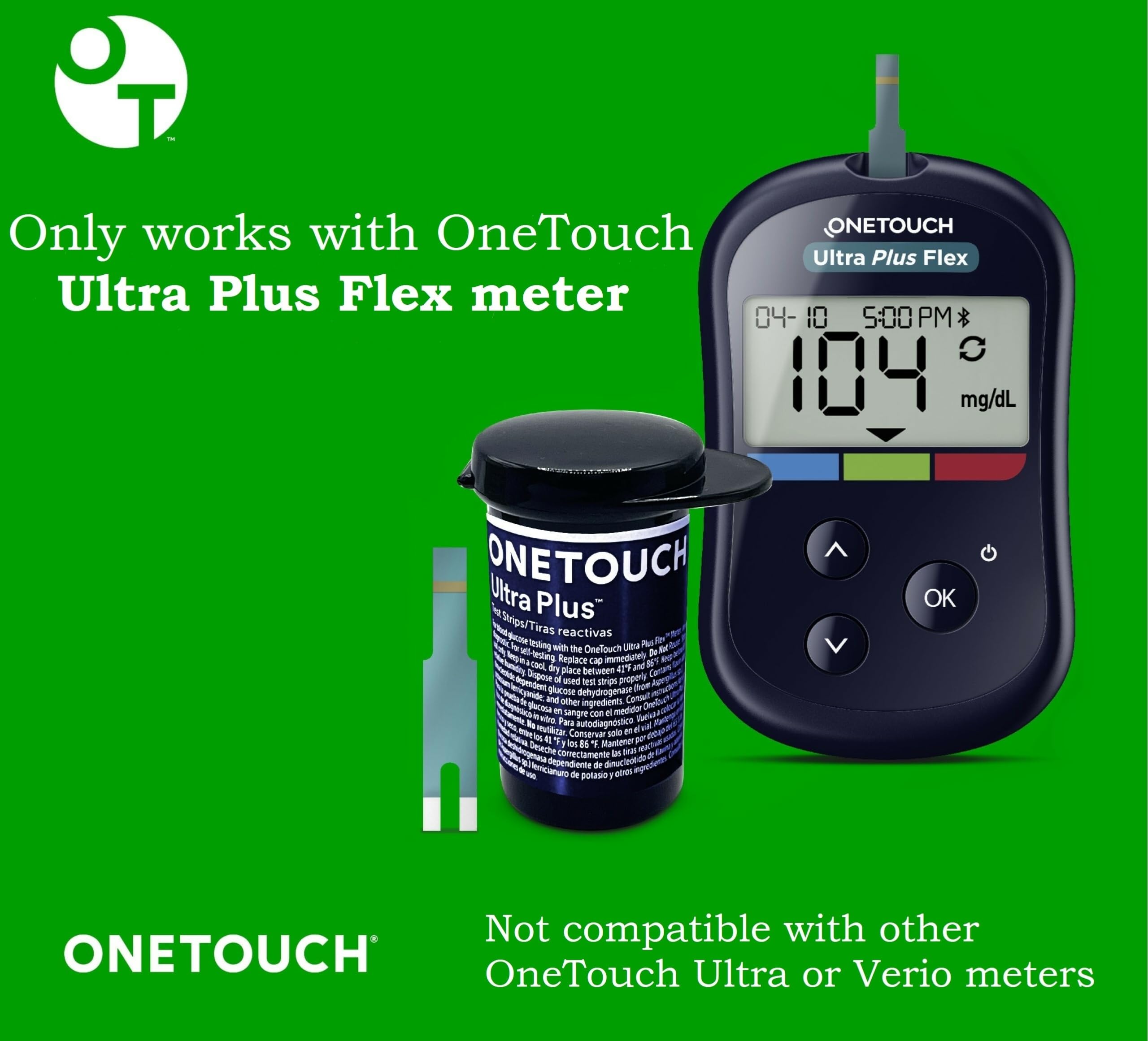 OneTouch Ultra Plus Flex test strips close-up showing tiny blood drop for easy testing.