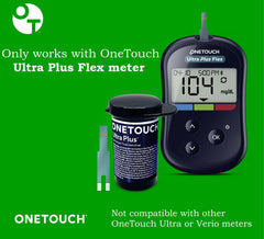 OneTouch Ultra Plus Flex test strips close-up showing tiny blood drop for easy testing.