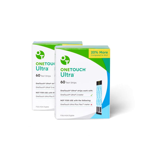 OneTouch Ultra test strips two boxes for convenient home diabetes testing.