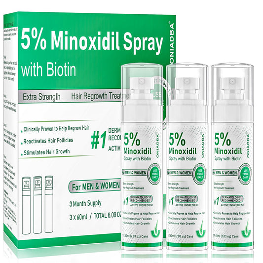 ONIADBA 5% Minoxidil spray bottle for scalp regrowth with fast absorption and non-greasy finish.