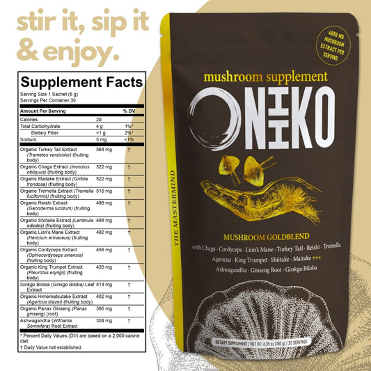 Close-up of the 10 mushroom blend in Oniiko powder