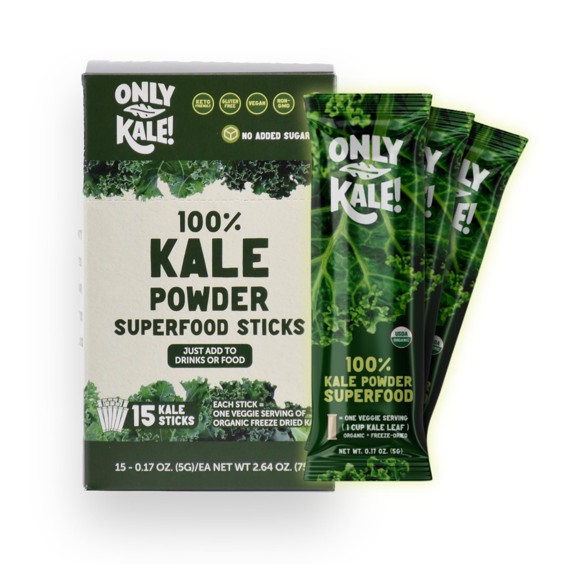 OnlyKale Kale Powder packaging front showing 1 month supply and sticks
