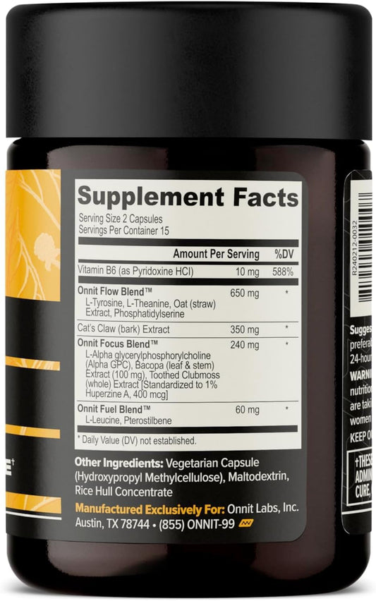 Back label of ONNIT Alpha BRAIN bottle with supplement facts