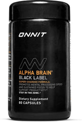 ONNIT Alpha Brain Black Label bottle for daily focus support and mental clarity.