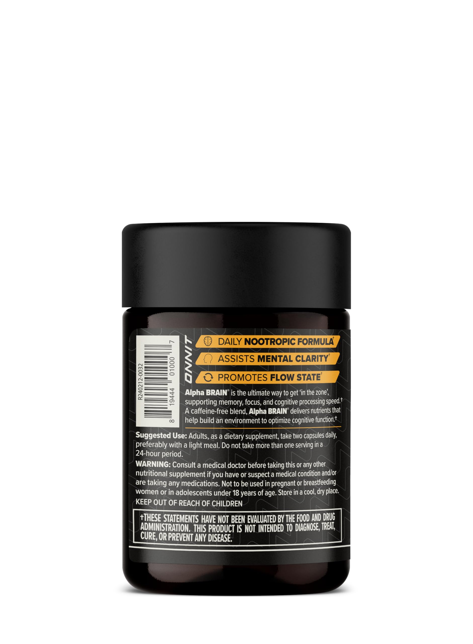 ONNIT Alpha Brain capsules packaging closeup showing capsule design.