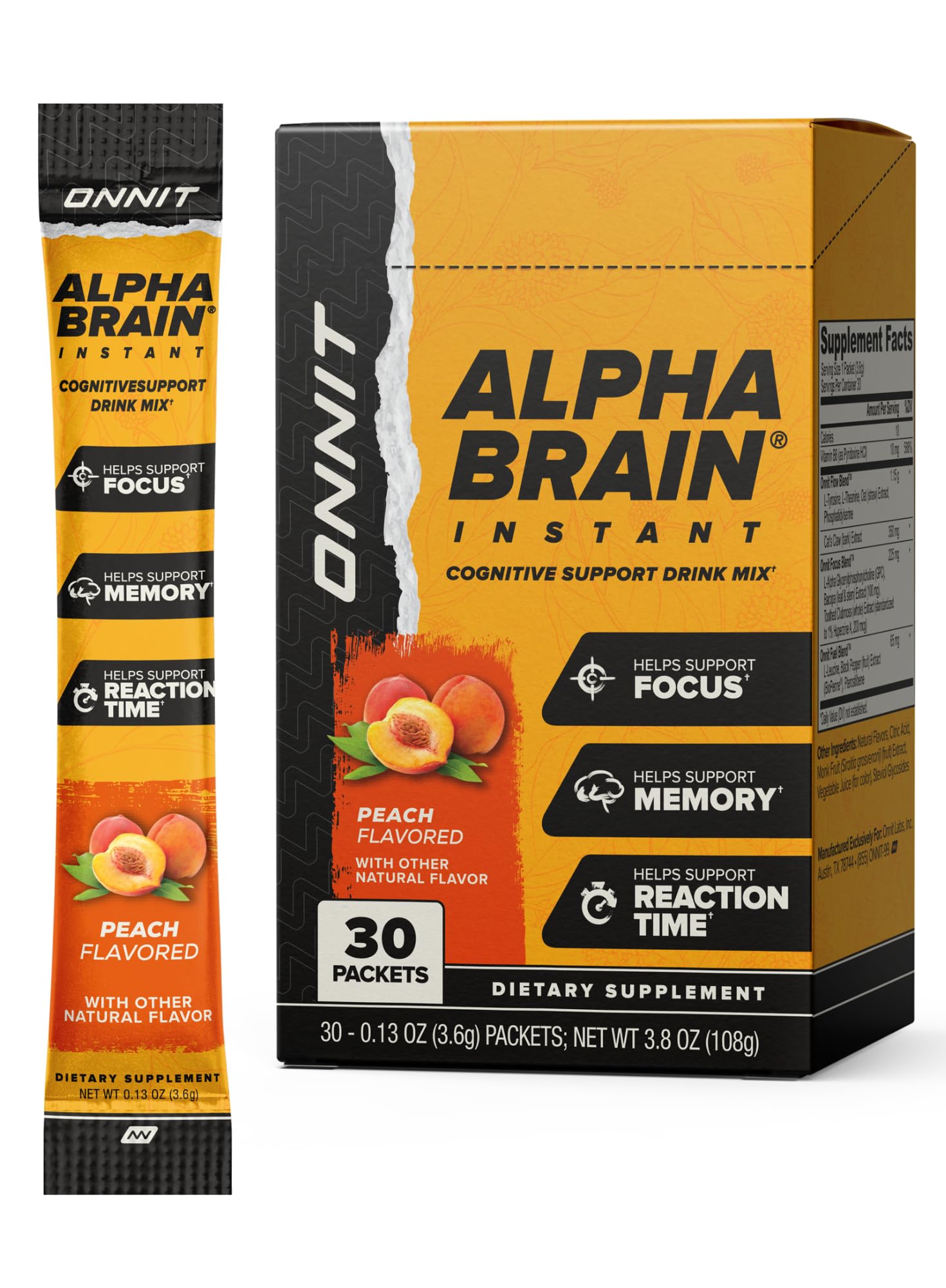 ONNIT Alpha Brain Instant peach packets for quick cognitive support on the go