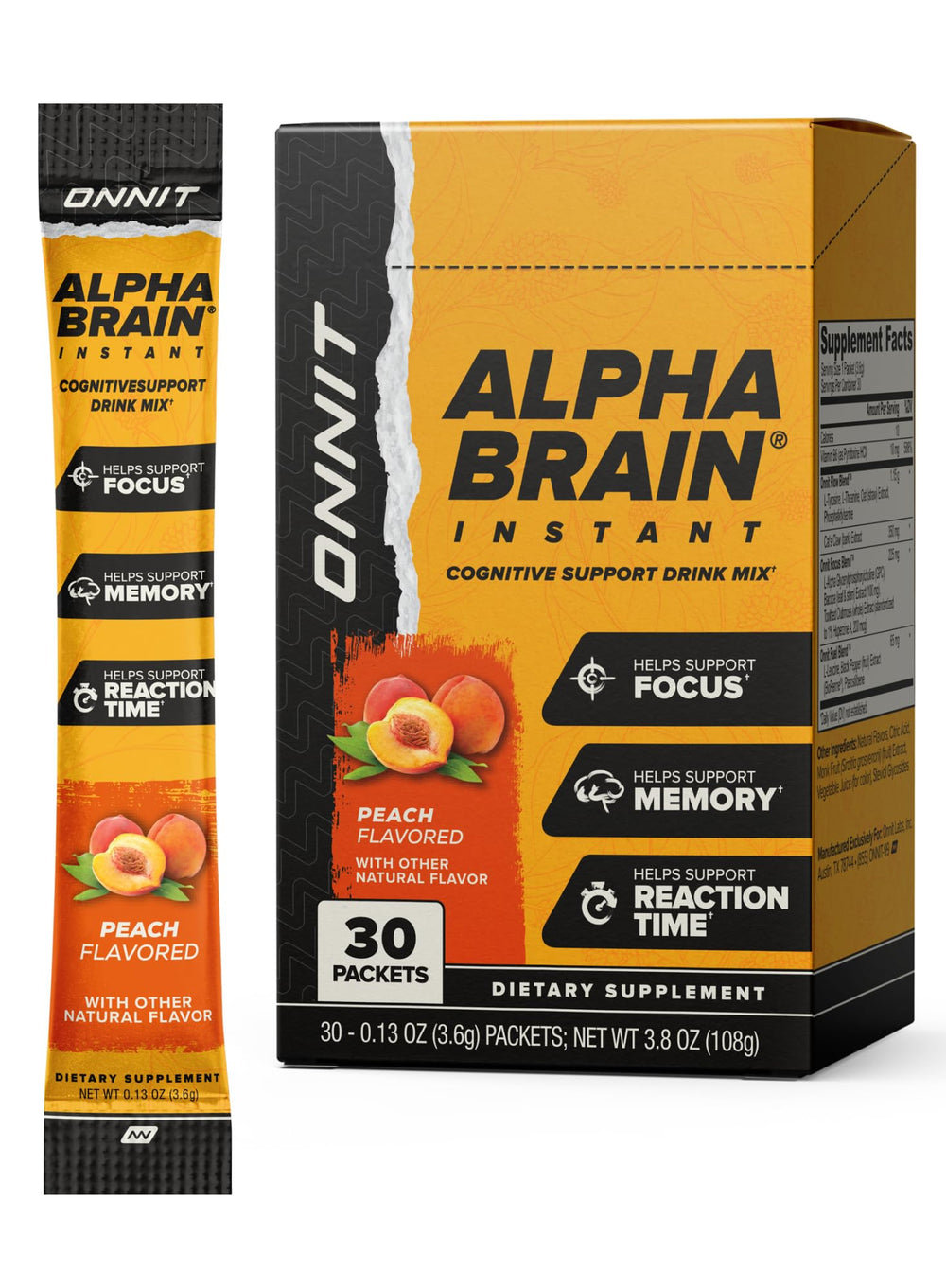ONNIT Alpha Brain Instant peach packets for quick cognitive support on the go