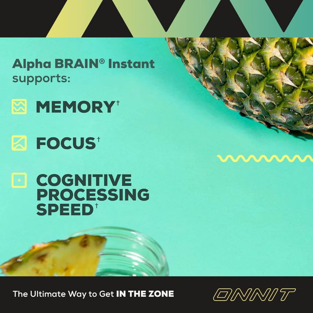 Bottle and box of ONNIT Alpha Brain Instant Pineapple Punch