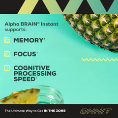 Bottle and box of ONNIT Alpha Brain Instant Pineapple Punch