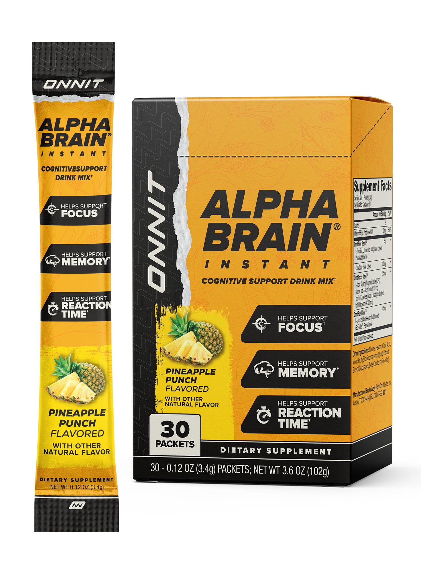 Front view of ONNIT Alpha Brain Instant Pineapple Punch box