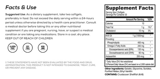 Ingredients showing omega-3s, astaxanthin and phospholipids