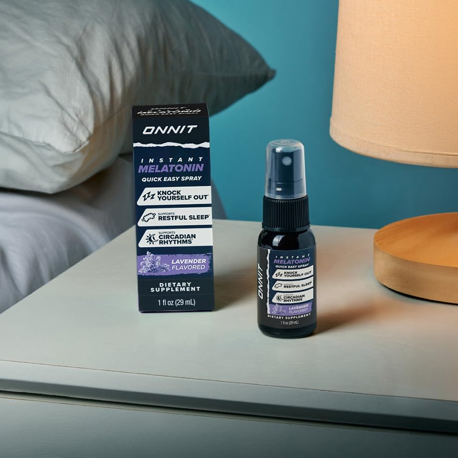 Nightstand scene with ONNIT melatonin sleep-support spray