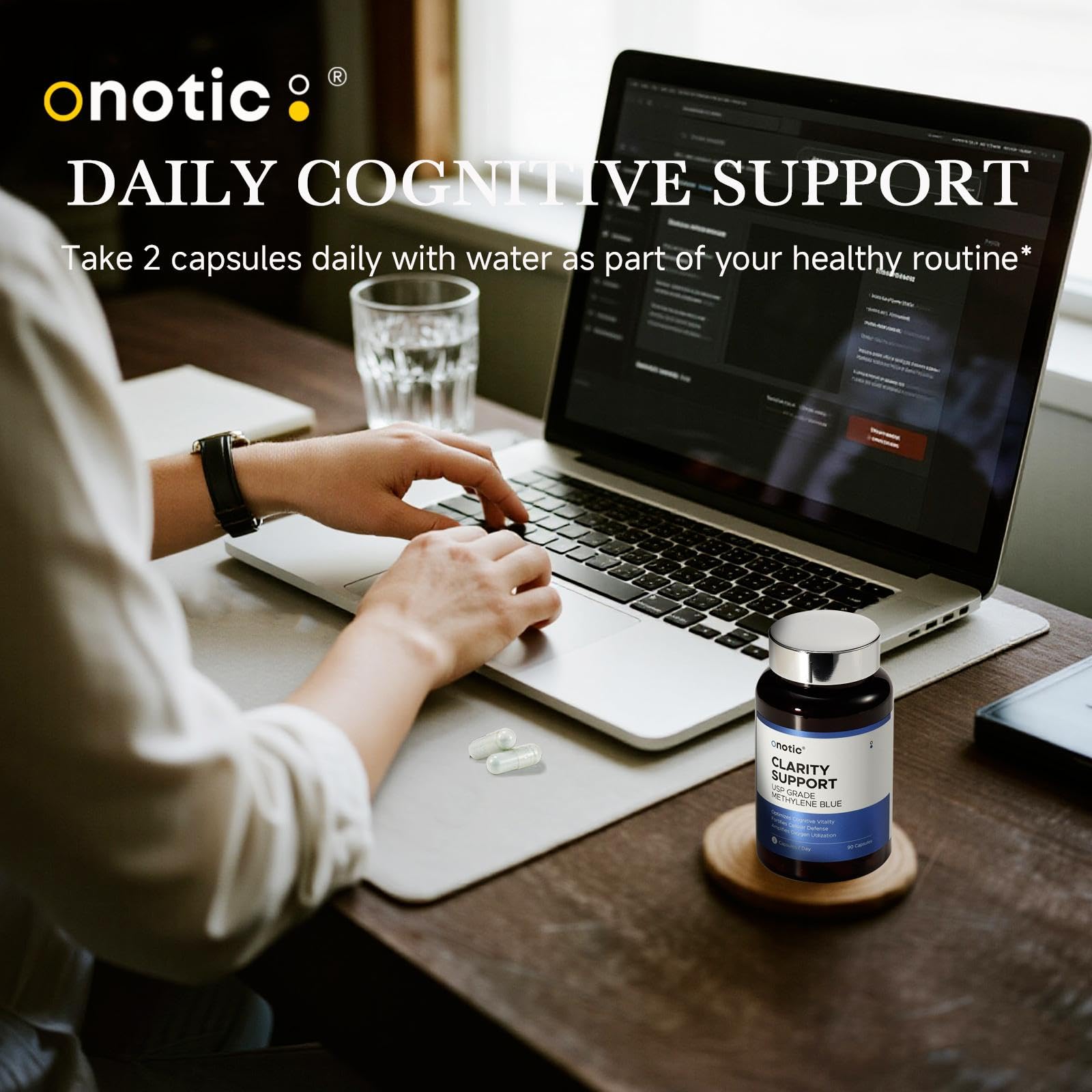 Lifestyle setting with ONOTIC bottle and health theme