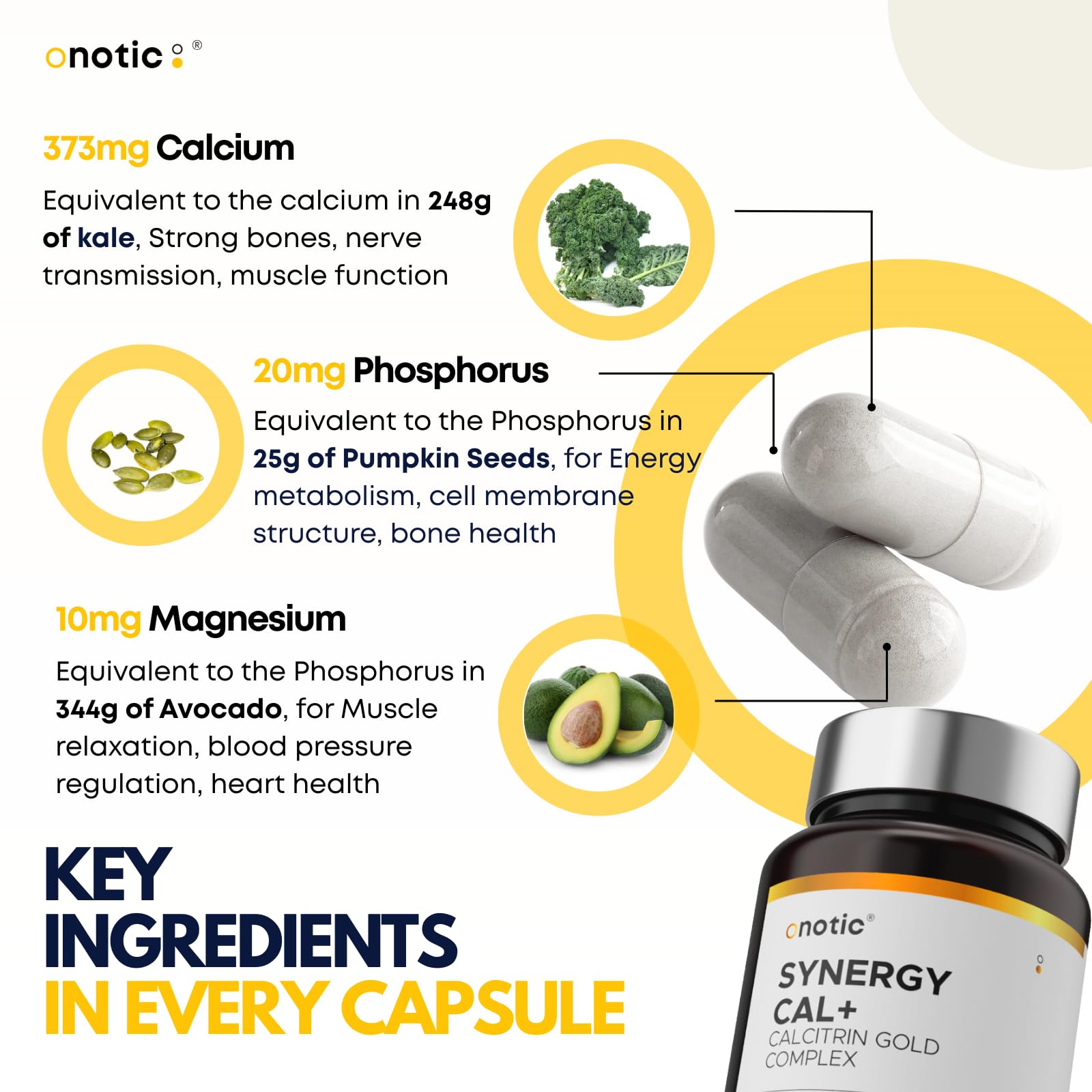 Illustration of key ingredients: calcium, glucosamine, and chondroitin