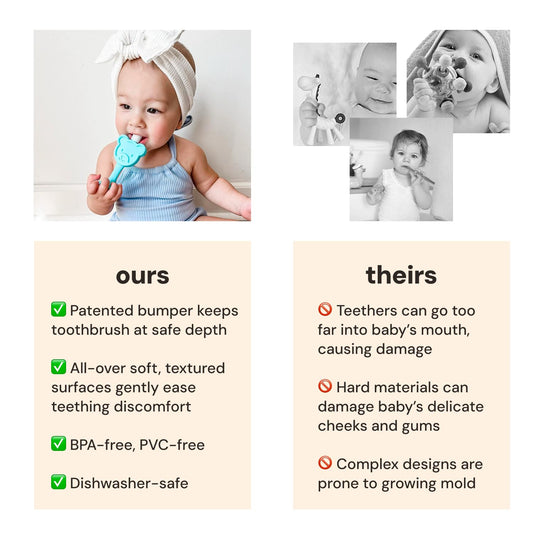 Baby holding the lightweight toothbrush designed for little hands