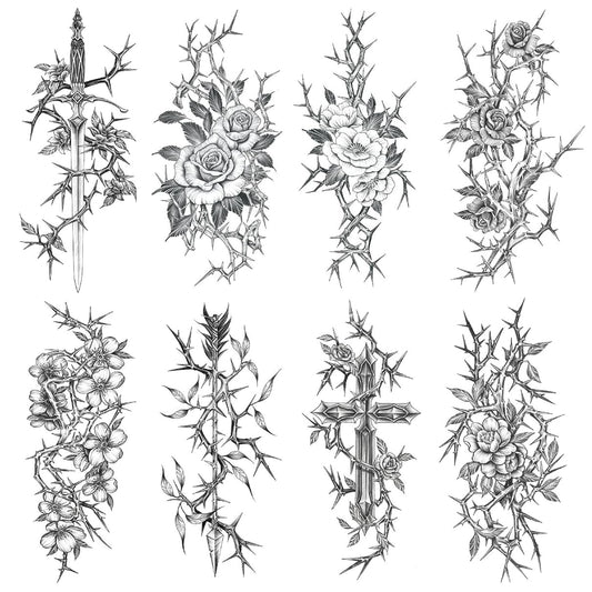 Oottati sword-thorns-flower-rose-cross arm tattoo for bold festival looks.
