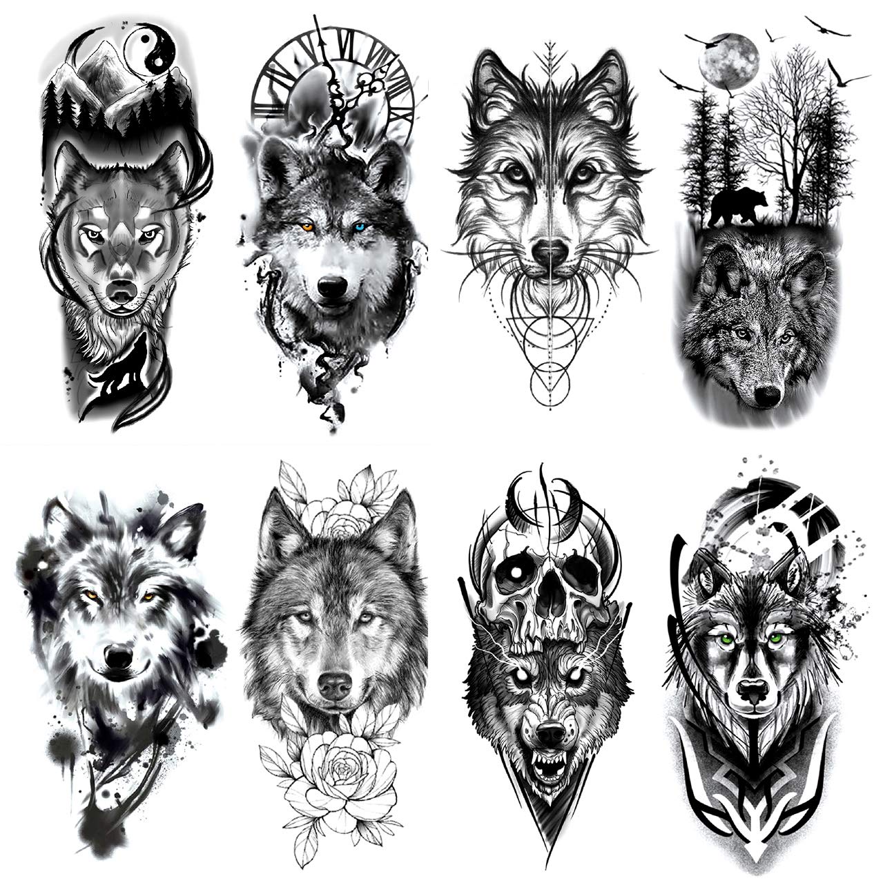Oottati wolf-taichi-totem-skull tattoo sheet for bold self-expression without commitment.