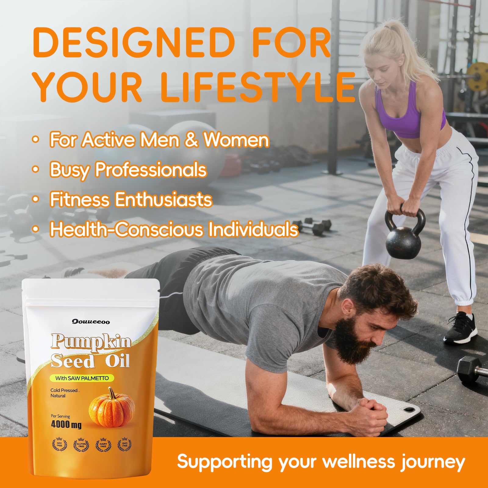 Graphic highlighting benefits: hair support, bladder comfort, prostate health
