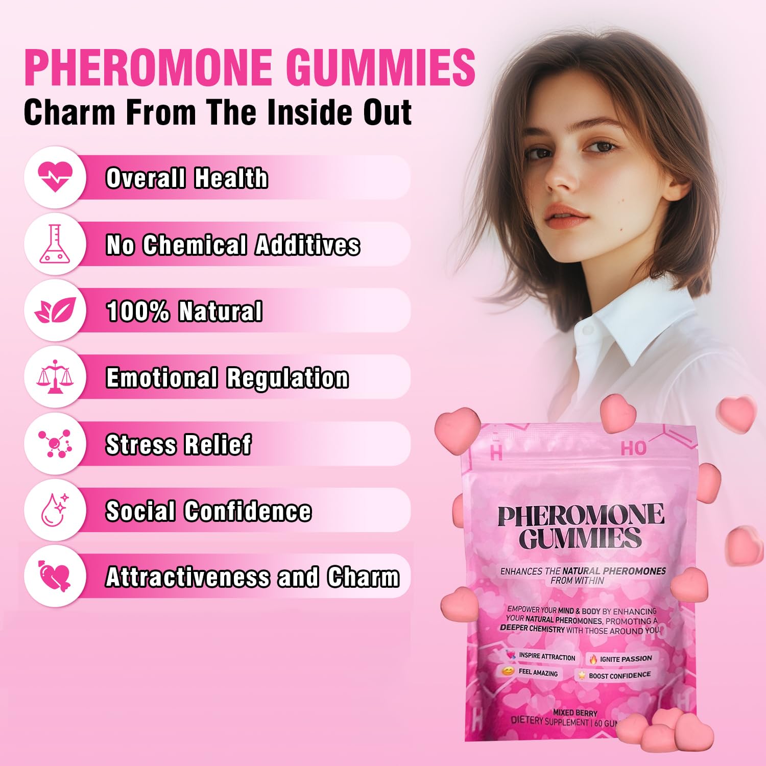 60-count bottle of pheromone gummies with ingredients icons