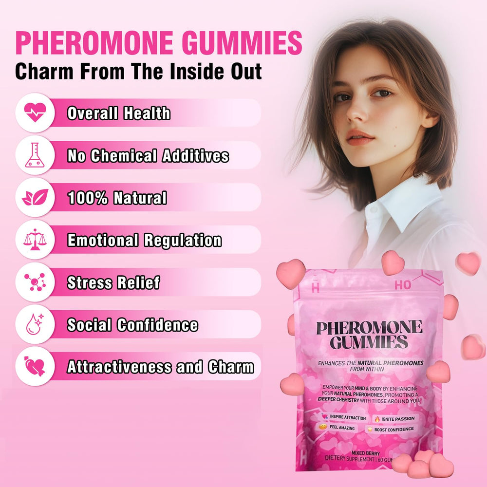 60-count bottle of pheromone gummies with ingredients icons