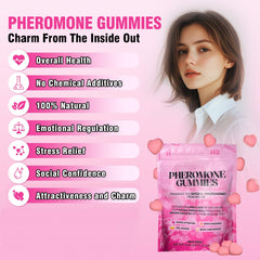 60-count bottle of pheromone gummies with ingredients icons