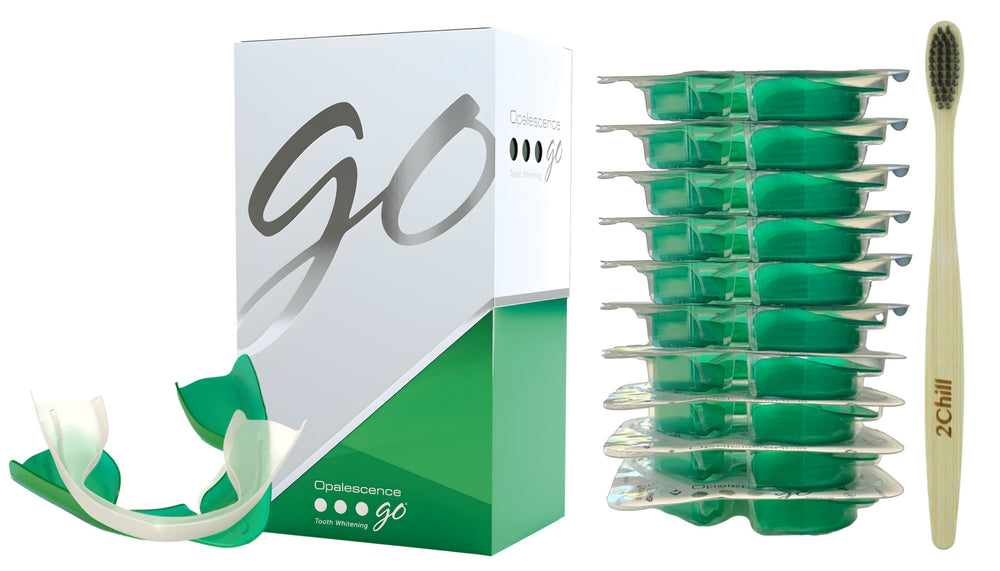 Opalescence Go 10% prefilled whitening trays shown with top and bottom trays for 10 treatments